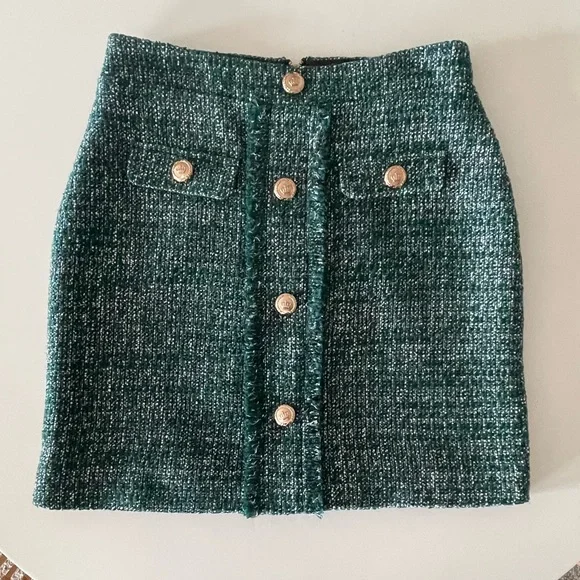 Walter Baker Green Tweed Mini Skirt w/ Gold Buttons - Size 6 - Picture 5 of 11